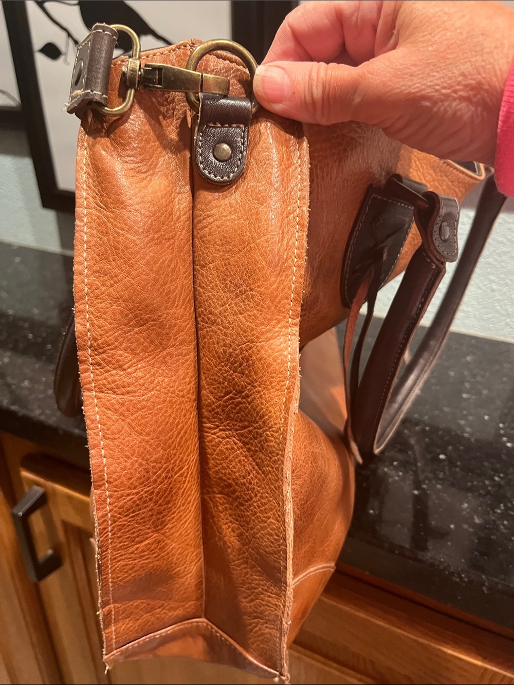 Bed Stu Cognac Leather Shoulder Bag with Dark Brown Trim. Style Greenway. - Picture 5 of 7